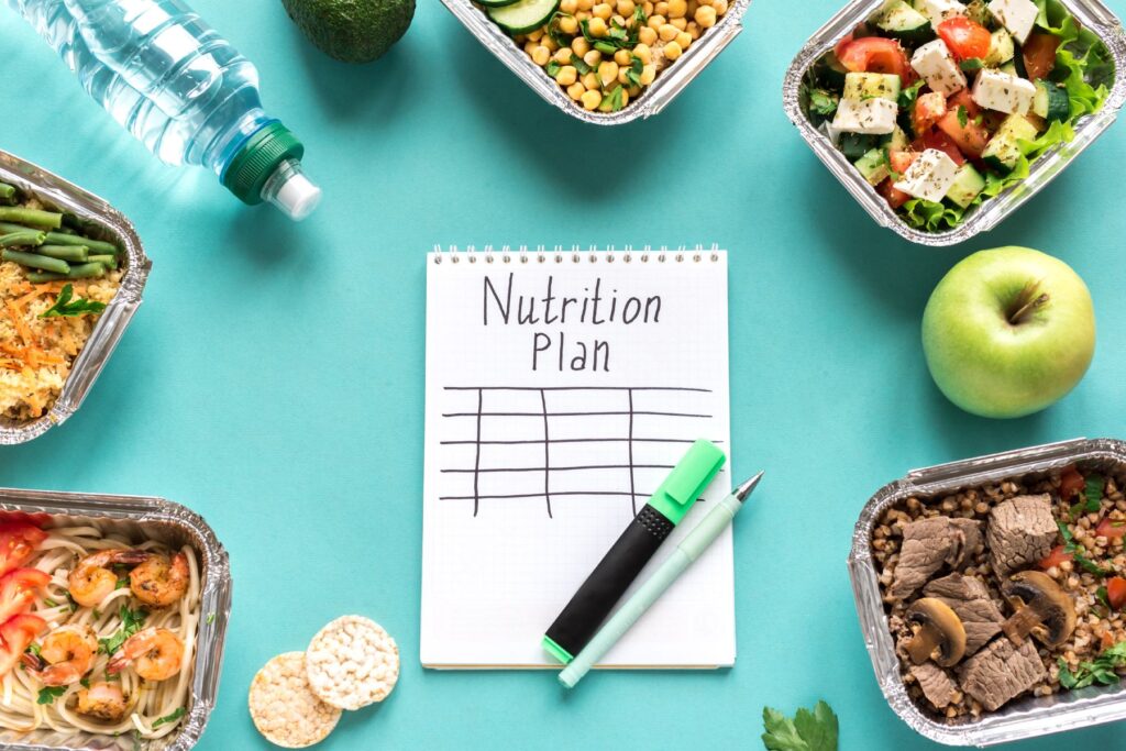 OVerhead view of a notebook on which the words nutrition plan and a grid has been written/drawn. Around the notebook are foil containers of meal prepped foods, an apple, a plastic water bottle, and avocado, and two mini rice cakes. THe table on which everything sits is robin egg blue. 