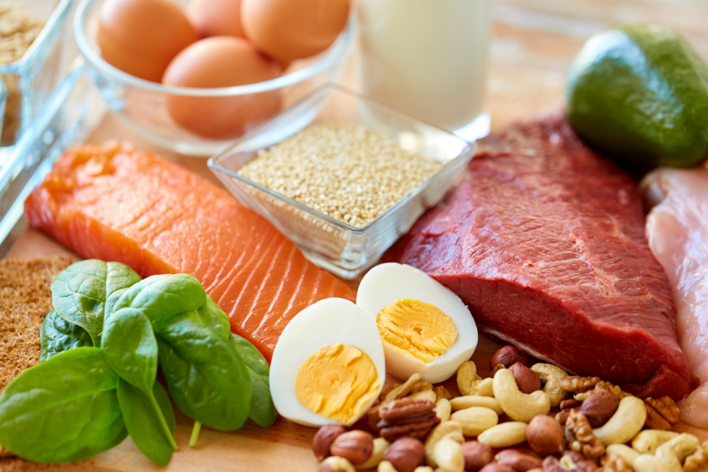 Different protein foods including meat, fish, eggs, nuts, seeds