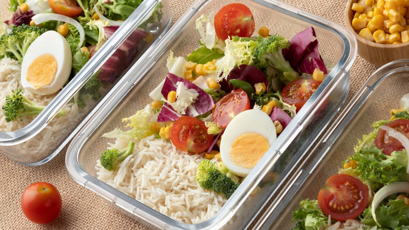 Affordable meal prep with rice, boiled eggs, fresh salad greens, tomatoes, corn, and broccoli – a perfect example of cheap healthy eating recipes for balanced nutrition.